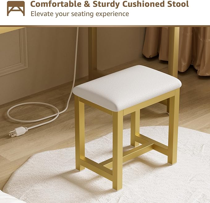 Gold Vanity Desk with Mirror and Light- Makeup Vanity Set Table with Chair, Storage, Lighted Mirror, 4 Large Fabric Drawers & Power Outlet, Dressing Table Vanities for Girls Bedroom