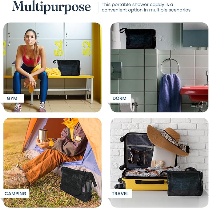 The Fine Living Portable Latex Mesh Shower Caddy Tote Bag, Gym Shower Caddy Hanging Organizer with Metal Hook, Dorm Room Essentials, Travel Toiletries, Camping RV Essentials, Black 12”x3”x8”