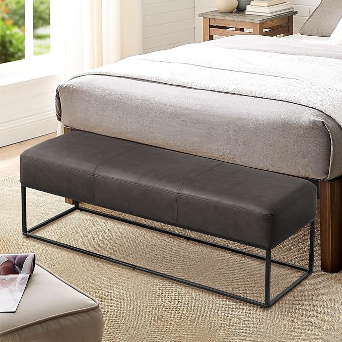 Leather Entryway Bench, Modern Long Leather Ottoman Bench Seat with Metal Frame, 47'' Upholstered Bedroom Bench for Living Room Entryway Window, Vintage Black