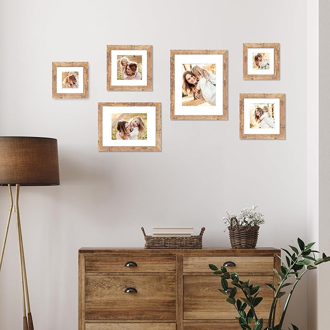 10x10 Picture Frame Set of 4 with Real Glass, Rustic Brown Frames Display 8x8 Picture with Mat or 10 x 10 Without Mat, Wooden Square Photo Frame for Wall Mount and Tabletop Display