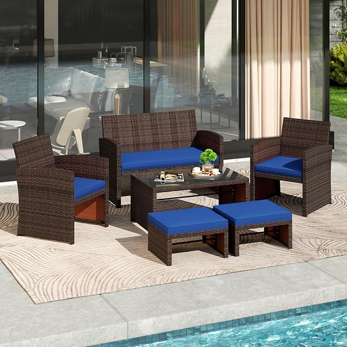 Tangkula 6 Pieces Patio Furniture Set, Outdoor Sectional Conversation PE Rattan Sofa Set with 1 Loveseat, 1 Coffee Table, 2 Armchairs and 2 Ottomans for Garden, Deck, Backyard and Poolside (Navy)