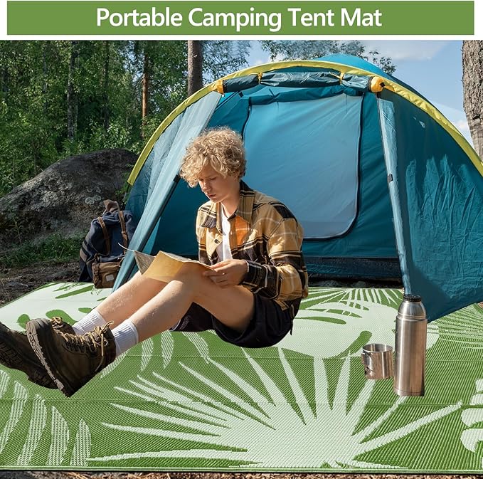 Waterproof Outdoor Rug 6x9 ft, Reversible Plastic Straw Mat with Leaf Pattern, Large Floor Mat for Patio, Camping, Picnic, Backyard RV, Deck, Light Green