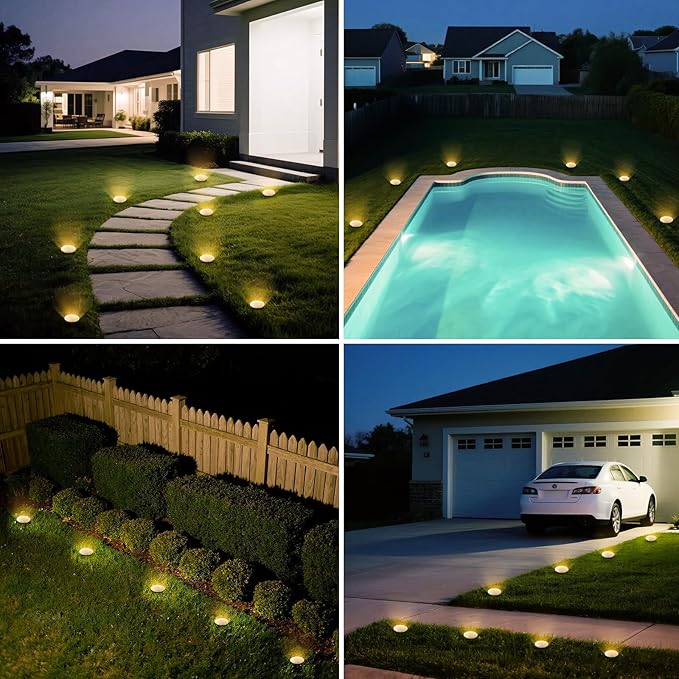 Mini Solar Ground Lights, 4 Pack Solar Lights Outdoor Waterproof, Upgraded LED Flat Landscape Lighting for Outside Pathway Garden Patio Yard Driveway, Warm White