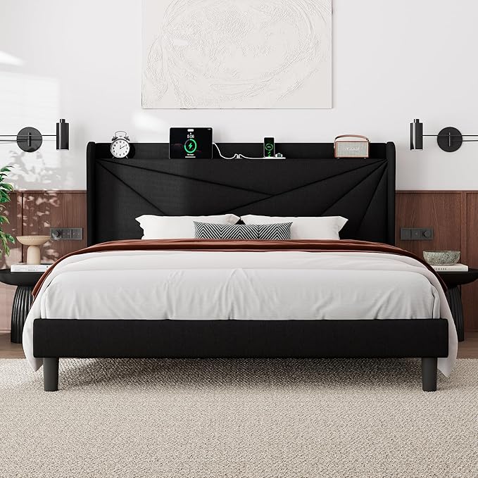 Feonase King Size Bed Frame with Charging Station, Linen Upholstered Platform Bed Frame with Wingback Storage Headboard, Solid Wood Slats Support, No Box Spring Needed, Noise Free, Black