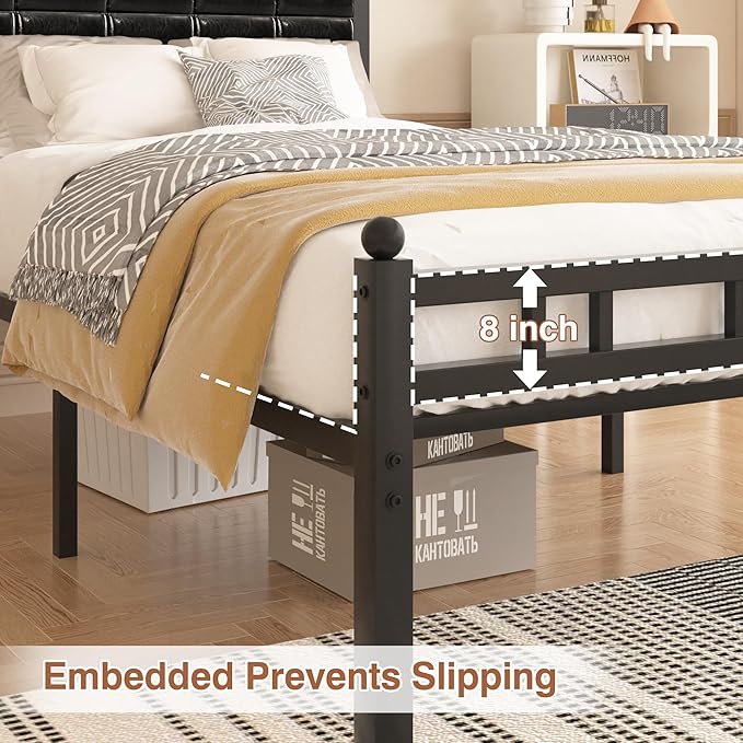 VECELO Twin Bed Frame, Faux PU Leather Platform Beds with Upholstered Headboard and Footboard, Strong Metal Slats Support, Noise-Free, No Boxing Spring Needed, PU Black