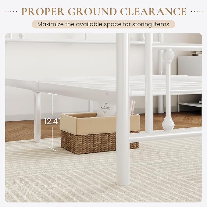 SHA CERLIN 14 Inches Full Size Metal Platform Bed Frame/Vintage Iron-Art Headboard and Footboard/Mattress Foundation for Storage/No Box Spring Needed/Noise-Free/Easy Assembly/White