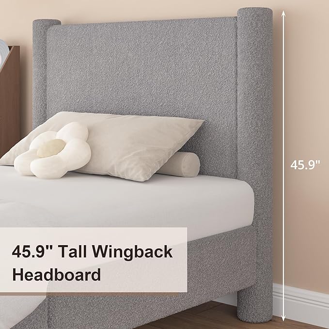 Twin Size Bed Frame, Boucle Upholstered Platform Bed with Headboard and Footboard, Soft Rounded Corners, No Box Spring Required, Easy Assembly, Light Grey