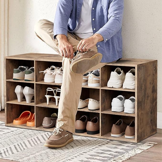 12-Cubby Shoe Rack, 3-Tier Wood Shoe Organizer, Multifunctional Shoe Organizer Bench for Entryway, Mudroom, Hallway, Closet,36.22 * 11.81 * 17.72 Inch,Brown