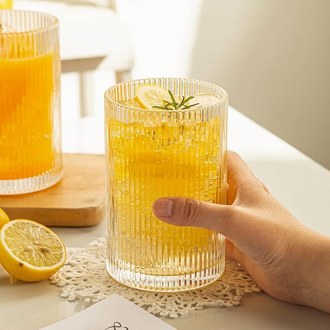 Vintage Ribbed Glassware Set: 6pcs 16.9oz XL Drinking Glasses, Fluted Ripple Drinkware, Origami Style, Elegant Glassware for Whiskey, Cocktail, Iced Coffee, Juice, Beer, Soda