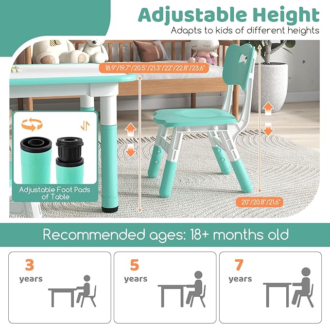 Costzon Kids Table and 4 Chair Set, Height Adjustable Toddler Desk and Chairs with Graffiti Desktop, Non-Slip Legs, Children Art Study Multi-Activity Table Set for Home, Daycare, School (Green)
