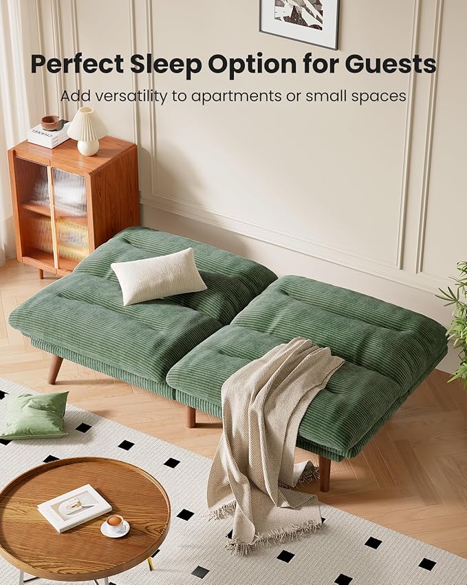 Pipishell Futon Sofa Bed, 73" Convertible Futon Couch, Adjustable Backrest & Armrests, Corduroy Recliner Sleeper Sofa for Small Spaces, Living Room, Office, Guest Room (Green, 73 Inch)