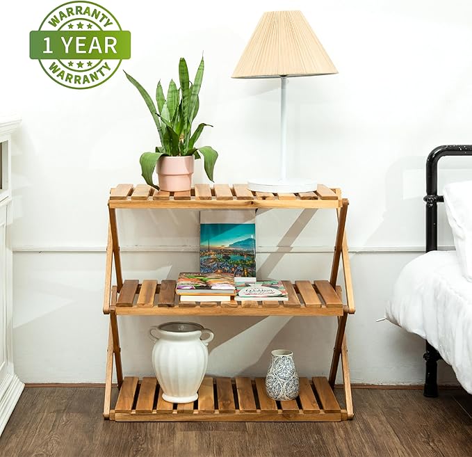 BEEFURNI Multipurpose Display Shelf Folding, 3 Tier Shelf, Acacia Wood Rack, Plant Stand Indoor, Wooden Shoe Rack, Vanity Bathroom Stand, Easy to Assemble, 1 Year Warranty