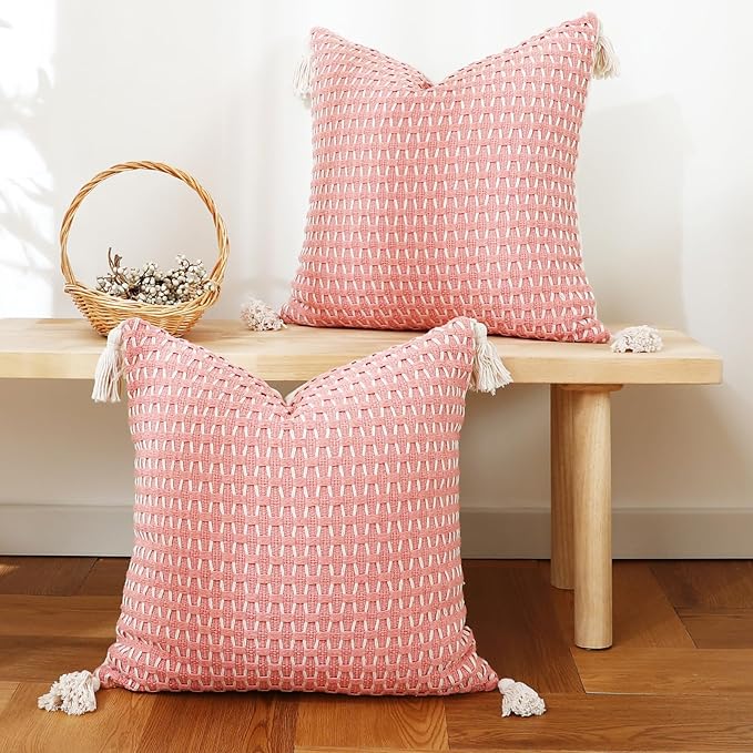 sykting Boho Outdoor Pillow Covers 20x20 Set of 2 Thick Woven Pink Throw Pillow Covers with Tassels for Couch Sofa Living Room