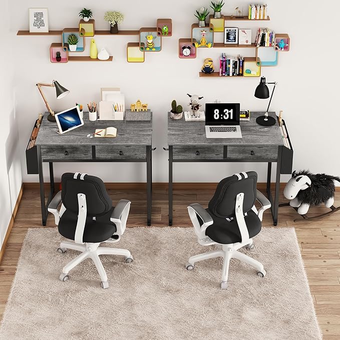 Lufeiya Small Desk with Drawers - for Bedroom, 32 Inch Home Office Computer Desk with Fabric Storage Drawer and Bag, Study Writing Table for Small Spaces, Gray
