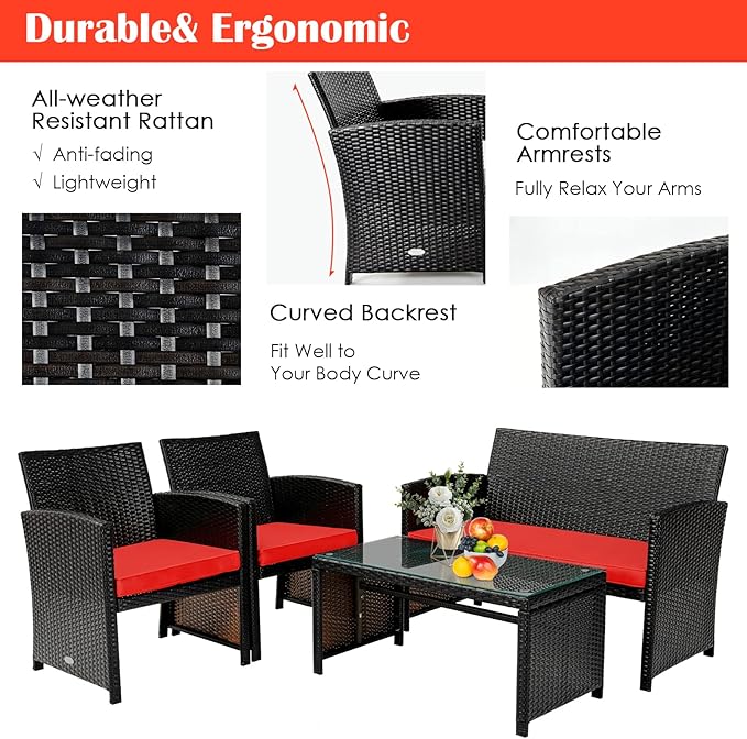 Tangkula 6 Pieces Patio Furniture Set, Outdoor Sectional Conversation PE Rattan Sofa Set with 1 Loveseat, 1 Coffee Table, 2 Armchairs and 2 Ottomans for Garden, Deck, Backyard and Poolside (Red)