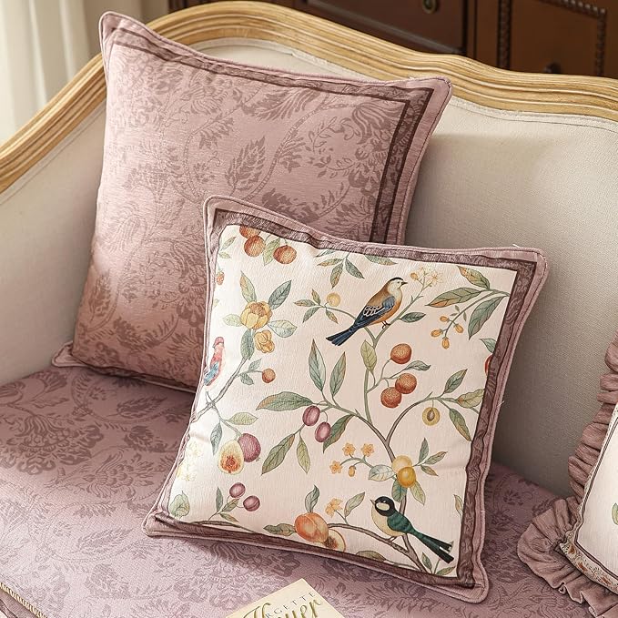 Throw Pillow Covers Pack of 4,Pink Farmhouse with Birds and Flowers Pattern Cozy Velvet Pillowcases,Decoration Square Round Lumbar Pillows Cushion Covers for Couch Sofa Bed Car Chair