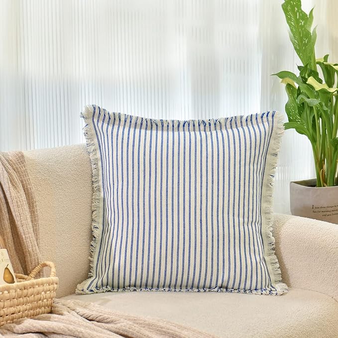 ZWJD Throw Pillow Covers 20x20 Set of 2 Striped Pillow Covers with Fringe Chic Cotton Decorative Pillows Square Cushion Covers for Sofa Couch Bed Living Room Farmhouse Decor