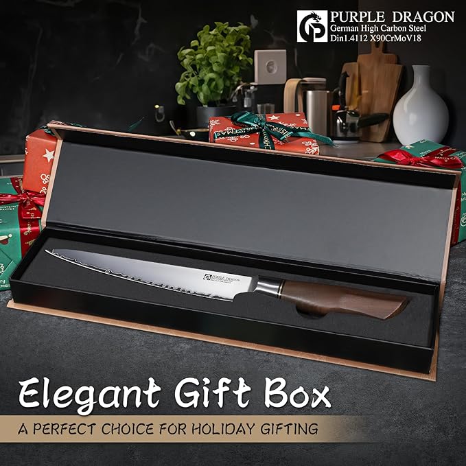 Purple Dragon Gyuto Chef Knife 7.5 Inch, German Vg10 Steel Ultra Sharp Kitchen Knife for Cutting Slicing, Meat Cleaver, Ergonomic Wooden Handle, Gift Box