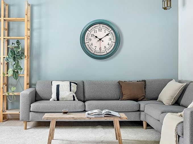 zyzamay 12 Inch Retro Wall Clock,Classic Day of The Week Wall Clock,Easy to Read,Non-Ticking Round Classic(Green)