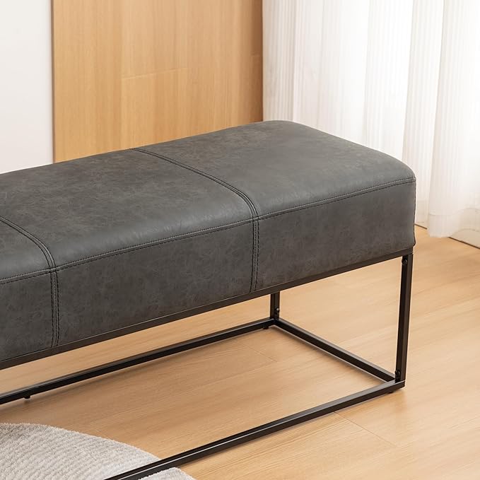Leather Entryway Bench, Modern Long Leather Ottoman Bench Seat with Metal Frame, 47'' Upholstered Bedroom Bench for Living Room Entryway Window, Vintage Black