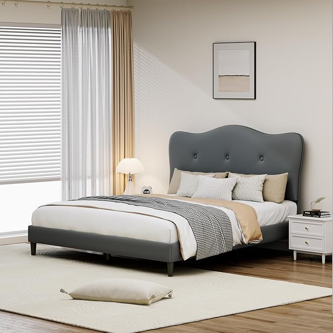 Full Size Bed Frame, Upholstered Bed Frame with Headboard, Platform Bed Frame with Wood Slats Support, No Box Spring Needed, Adjustable Height Headboard, Dark Grey