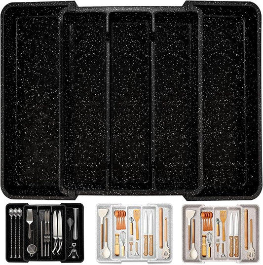 Utensil Drawer Organizer for Kitchen Cutlery, Expandable Large Silverware Organizer, Adjustable Cooking Utensil Tray, Plastic Spatula Tools and Gadgets Storage Divider, Marble Design, Black