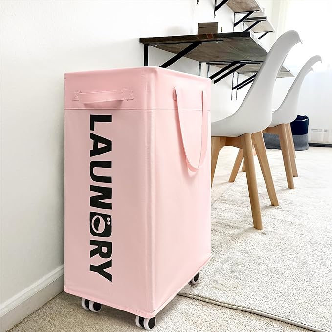 Goodpick Pink Laundry Baskets with Wheels 2-Pack, 75L Rolling Laundry Basket with Removable Wash Bags, Large Laundry Hamper for Corner Dorm, Collapsible Laundry Basket on Wheels