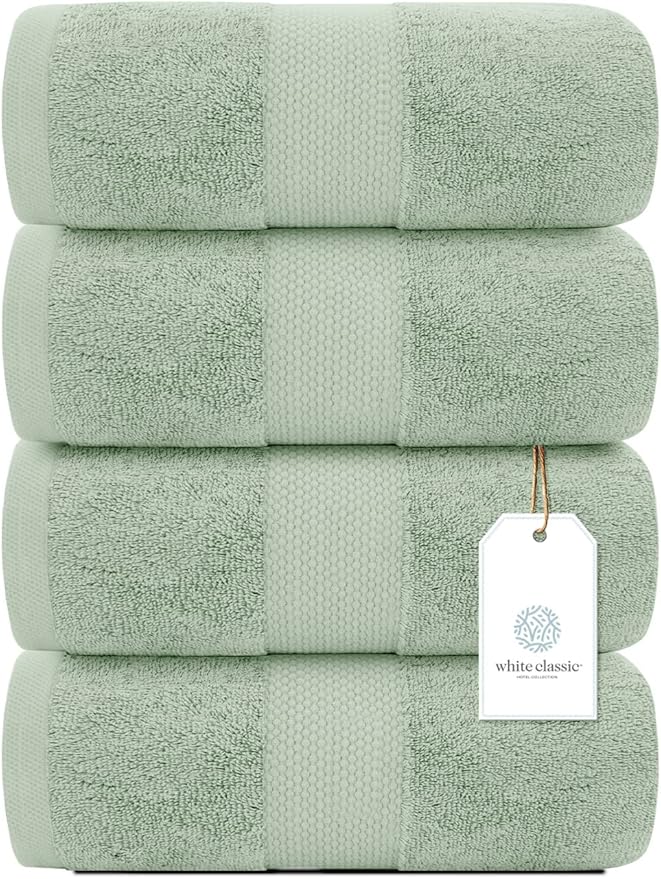 White Classic Luxury Bath Towels Set of 4 Large - 700 GSM Cotton Ultra Soft Bath Towels 27x54 | Highly Absorbent and Quick Dry | Hotel Towels for Bathroom Luxury, Plush Sage Green Bath Towels
