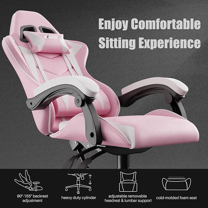 Pink Gaming Chair High Back, Ergonomic Computer Gamer Chair with Headrest and Lumbar Support, Racing Style Reclining Game Chair for Adults, Kids