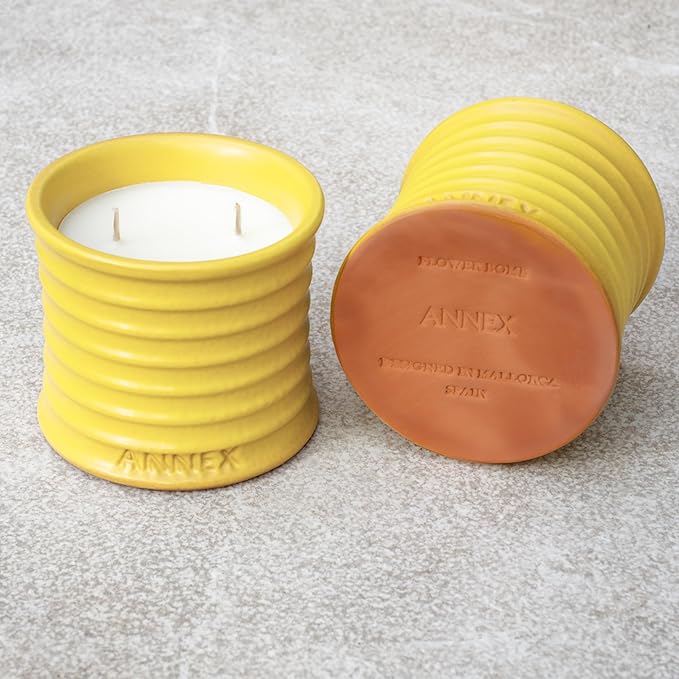 Scented Luxury Candles in Handmade Ceramic Jars, Soy Wax | Flower Bomb – Lily of The Valley & Jasmine, Large Candle | Non Toxic, 2 Wicks, Reusable Yellow Jar | Natural Spring Aromatherapy for Women