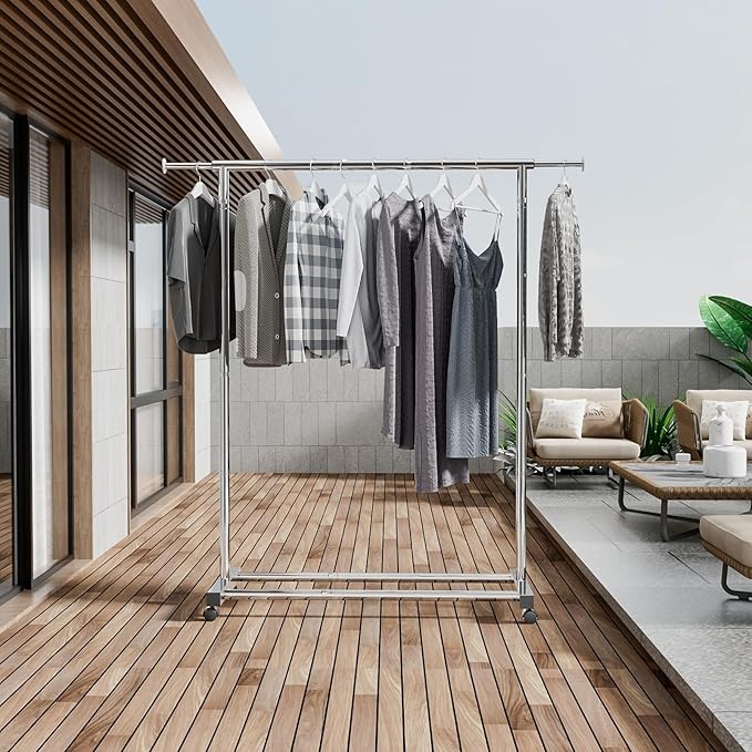 Clothing Rack for Hanging Clothes, Stainless Steels Rolling Clothes Rack, Coat Rack, Garment Rack, Portable Closet Rack, Free Standing Clothes Rack with Wheels, Adjustable Length