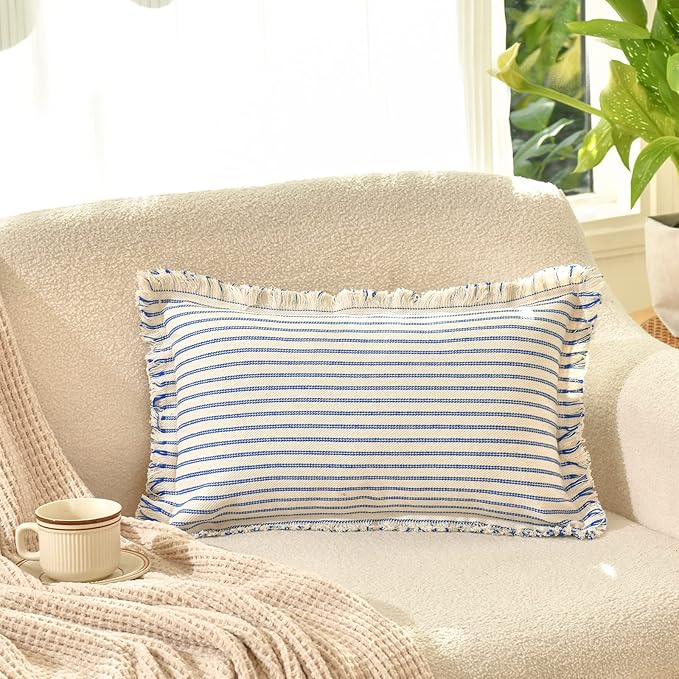 ZWJD Throw Pillow Covers 12x20 Set of 2 Striped Pillow Covers with Fringe Chic Cotton Decorative Pillows Square Cushion Covers for Sofa Couch Bed Living Room Farmhouse Decor