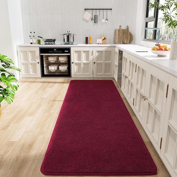 Soft Runner Rugs for Bedroom 2x6, Non Slip Runners for Hallway Kitchen Laundry Dorm Washable, Minimalist Low Pile Long Rugs for Boys Men Girls Kids, Wine Red