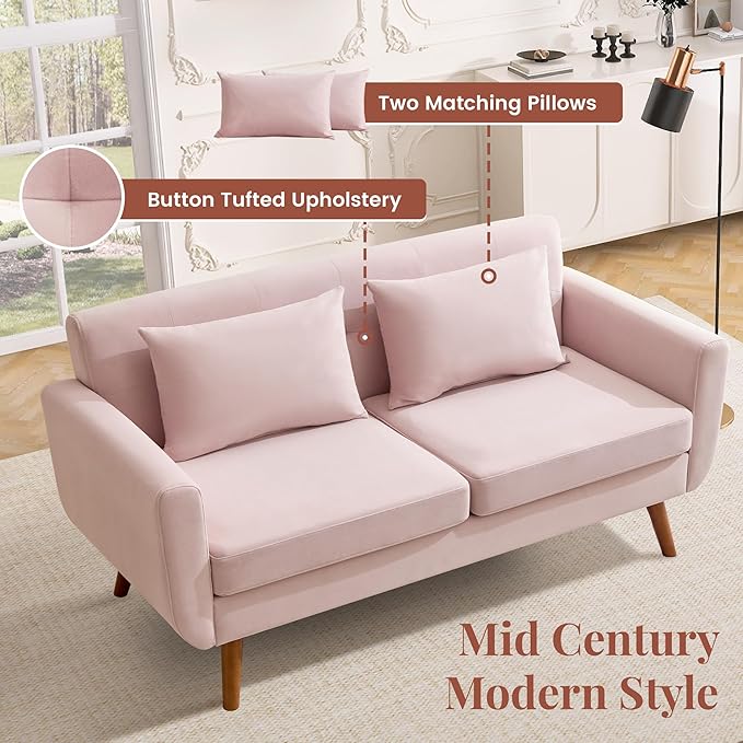 Tbfit 65" W Loveseat Sofa, Velvet Mid Century Modern Love Seat Couches for Living Room, Button Tufted Upholstered Small Couch for Bedroom, Solid and Easy to Install Love Seats Furniture, Pink