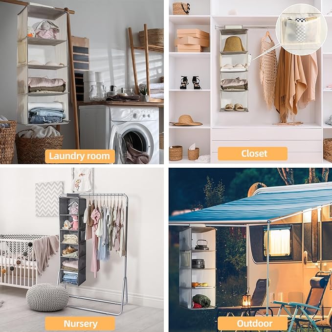 2 Packs Hanging Closet Organizer Stroage, 3-Shelf Hanging Shelves with Bamboo Inserts & Side Pocket, Black