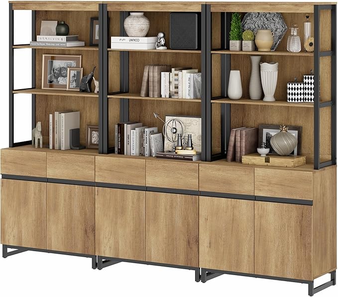 WAMPAT 3 PCS Modern 72" Tall Bookcases with Metal Base and Adjustable Shelves, Library Book Shelf with Storage Cabinet and Open Book Shelfs, Wood Bookshelves for Home Office, Living Room, Oak