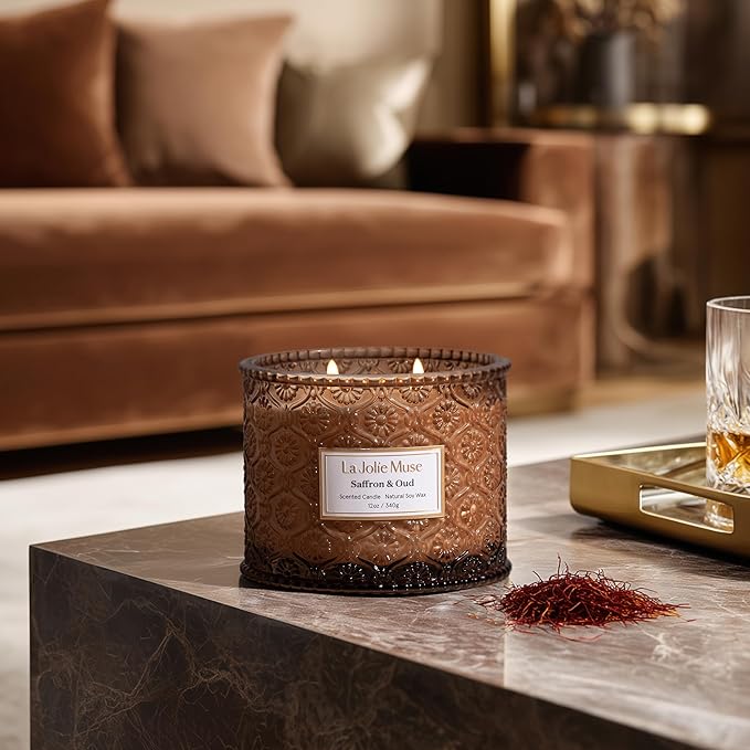 LA JOLIE MUSE Saffron & Oud Scented Candle, Candles for Home Scented, Large 2-Wick Soy Candles, Luxury Jar Candle Gifts for Women & Men, 60 Hours Long Burning, 12oz