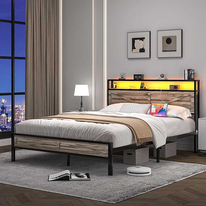 Full Size Bed Frame with LED Lights and Charging Station, Metal Platform Bed Frame Full with Storage and Rustic Barn Door Headboard, Noise Free, No Box Spring Needed, Easy Assembly, Wash Grey