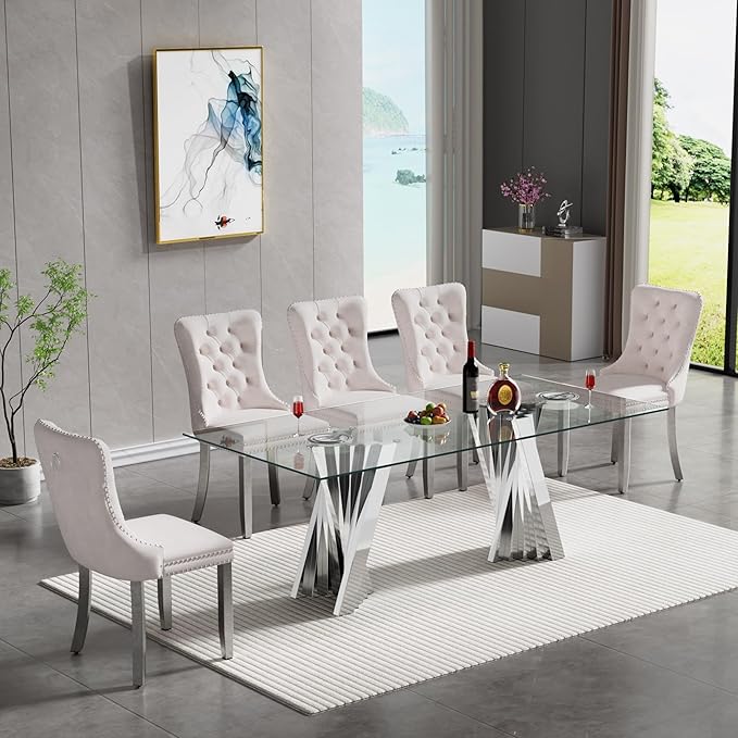 Goujxcy Modern 7 Piece Glass Dining Table Set Luxury Glass Kitchen Table and Chair Set for 6, 70" Large Rectangular Dining Room Table with 6 Tufted Chairs and Stainless Steel Legs (Silver & Beige)