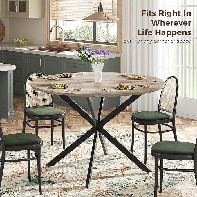 Unovivy 47" Round Dining Table for 4-6, Space Saving Circle Kitchen Dinner Table, Industrial Mid Century Modern Dining Room Desk for Kitchen, Apartment, Light Ivory