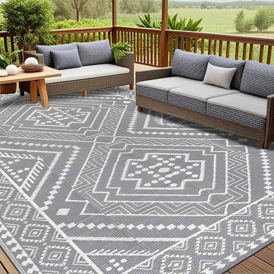 Waterproof Outdoor Rug 9x12 ft, Reversible Plastic Straw Mat, Large Floor Mat for Patio, Camping, Picnic, Backyard RV, Deck, Grey