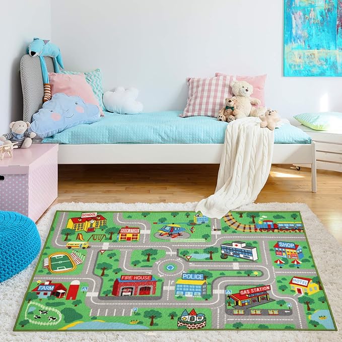 Yincimar Kids Play Rug for Playroom 5.2x3.3 ft Town City Road Map Car Mat Play Mat Educational Learning Carpet Area Rug for Boy Girl Toddler Bedroom Playroom