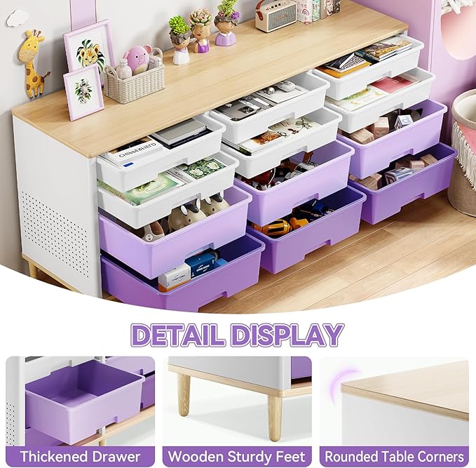 Storage Cabinet with 12 Drawers, Home Storage With Wooden Tabletop, Cube Storage Organizer for Living Room, Bedroom, Classroom, Office, Playroom, Craft Room, (Purple)