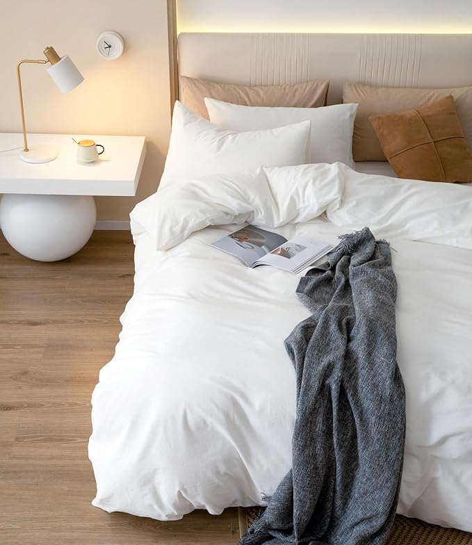 JIYUAN 100% Washed Cotton Duvet Cover Set 3 Pieces Full, 1 Duvet Cover 80x90 Inches(Comforter Not Included) and 2 Pillowcases,Linen Feel Bedding Set Comfy and Breathable,Bright White