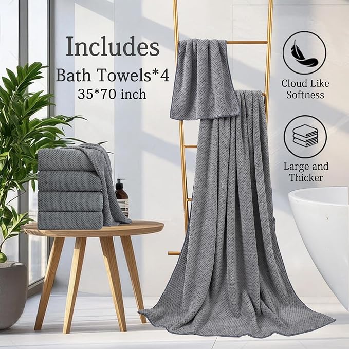 Hailea Gray Bath Towels Set 35x70 Inches - Luxury 600 GSM Oversized Bath Sheet Towel,Extra Large Microfiber - Quick Dry,Highly Absorbent,Super Soft Shower Towels Spa Hotel Bathroom Towel Set (4-Pack)