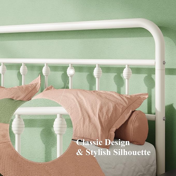 Allewie 14 Inches Full Size Metal Platform Bed Frame with Victorian Style Iron-Art Headboard/Footboard, Mattress Foundation, Easy Assembly, Under Bed Storage, No Box Spring Required, White
