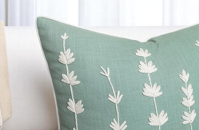 VAGMINE Hand Embroidered Daisy Accent Throw Pillow Cover - 20x20 Inches Square - 100% Cotton Light Teal Decorative Cushion Cover for Couch, Sofa, Bed - Textured Embroidery - Elegant Floral Home Décor