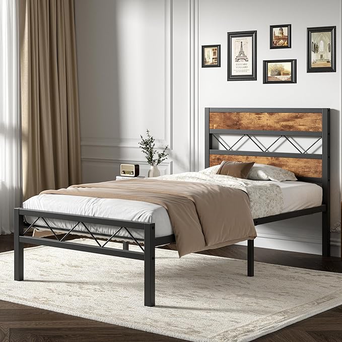 VECELO Twin Size Bed Frame with Headboard, Heavy-Duty Platform Bedframe with Metal Slats Support, No Box Spring Needed, Easy Assembly, Black & Brown