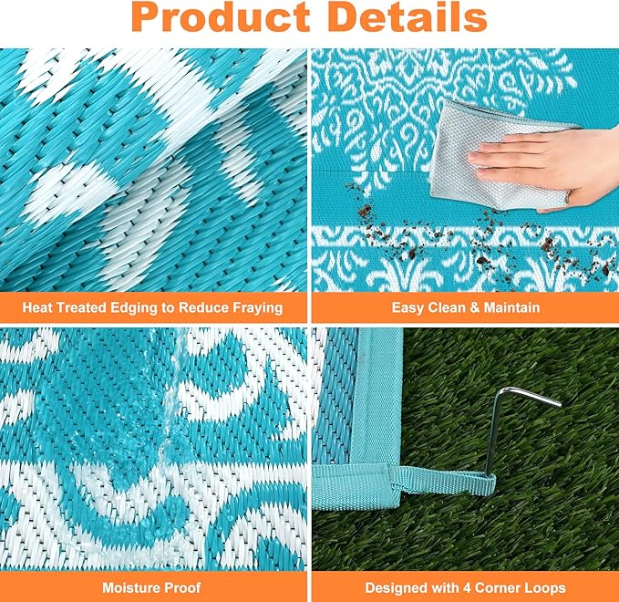 Outdoor Rug 5x8 Ft, Waterproof Plastic Straw Patio Rug, Reversible Backyard Carpet UV Resistant Portable RV Mat Clearance, Large Indoor Outdoor Rug for Patio, Porch, Deck, Balcony, Teal