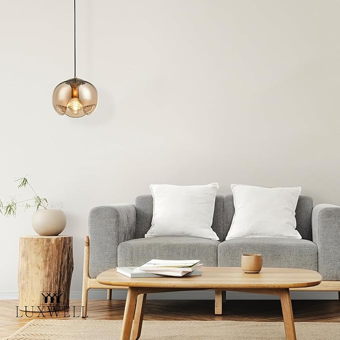 Modern Globe Pendant Light, 9"x9" Amber Gradient Glass Hanging Fixture with Gold Base, 15"-72" Adjustable Line, E26 Socket for Living Room, Dining Area, or Entryway – Warm Taupe Globe